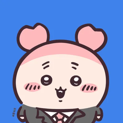 Cute Furuhonya wearing a black suit with pink tie smiling happily Chiikawa PFP