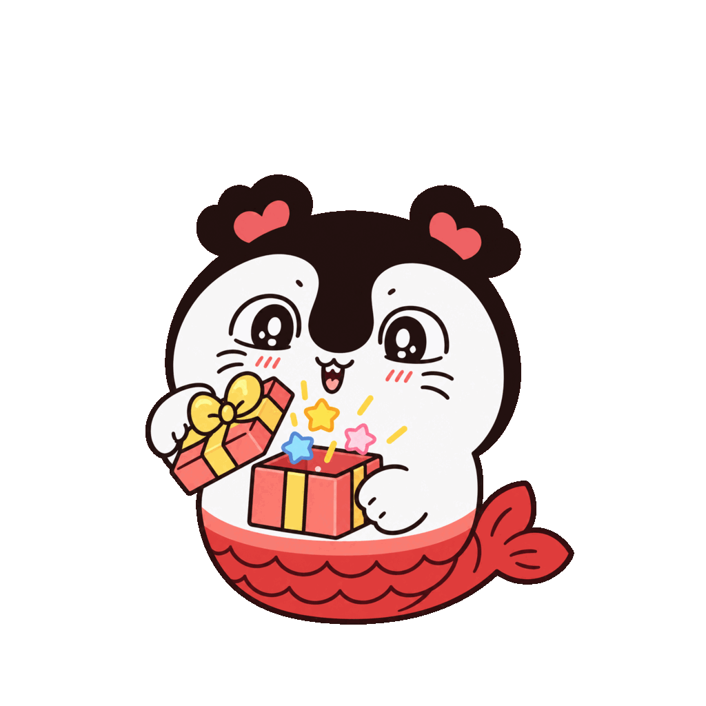吉伊卡哇系列人魚角色開心地打開裝滿星星的禮物盒GIF貼圖