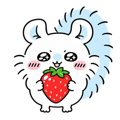 Momonga holding a sweet red strawberry with sparkling eyes PNG Image