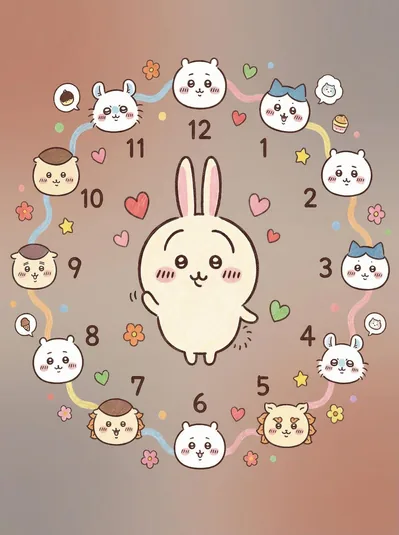 乌萨奇位于时钟表盘中心与吉伊卡哇伙伴头像环绕的Apple Watch壁纸