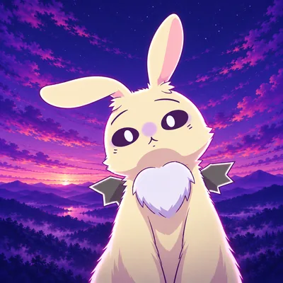 Cute anime style Usagi with bat wings against purple sunset sky Icon