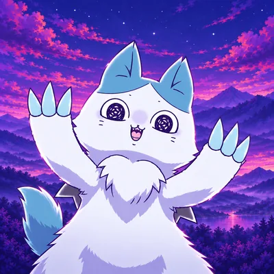 Chiikawa Aoko chimera raising claws against a purple twilight sky PFP