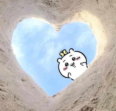 Cute Chiikawa looking through a heart sand hole under the blue sky PFP