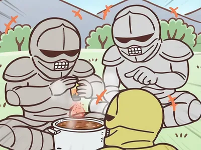 Chiikawa Armored Guys gathered outdoors cooking stew together PFP