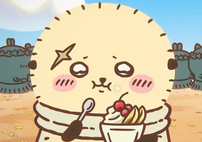 Cute Rakko happily eating a sweet parfait dessert Chiikawa PFP