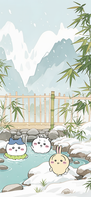吉伊卡哇、小八、烏薩奇在雪景溫泉中 - 吉伊卡哇桌布