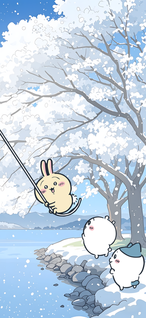 乌萨奇荡秋千，吉伊卡哇角色在雪景海边 - 苹果手机壁纸