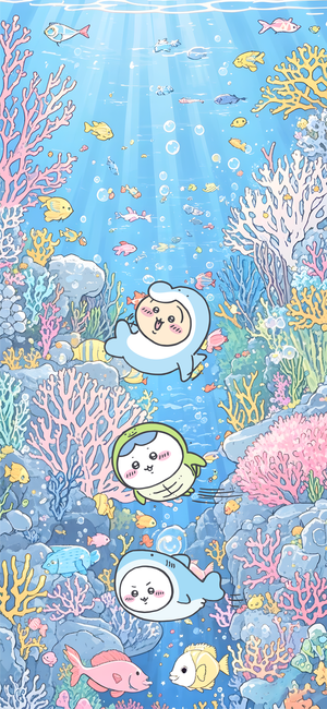吉伊卡哇角色们在海底珊瑚礁间游泳 - 苹果手机壁纸