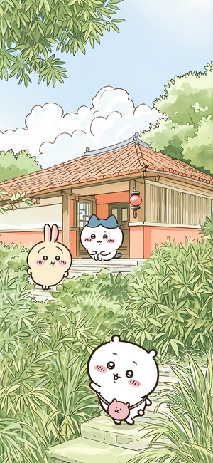 吉伊卡哇、烏薩奇、小八在日式小屋與草叢間 - png