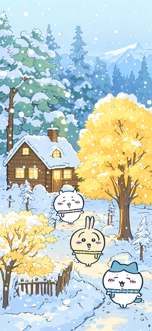 吉伊卡哇、烏薩奇、小八在雪林小屋旁漫步 - 手機背景