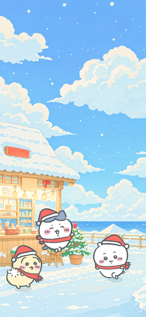 吉伊卡哇、小八等角色在雪天海邊小店玩耍 - 手機背景