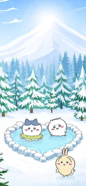 吉伊卡哇、小八、烏薩奇在雪地溫泉嬉戲 - iPhone桌布