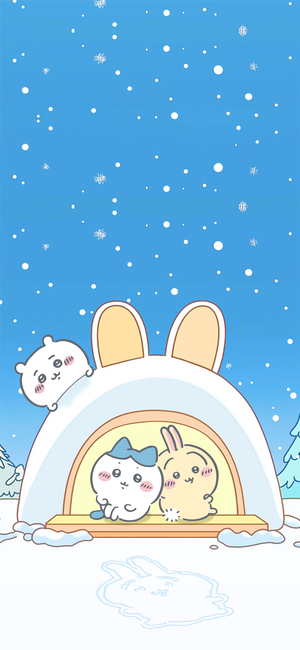 吉伊卡哇、乌萨奇、飞鼠在雪天兔形雪屋 - 手机背景