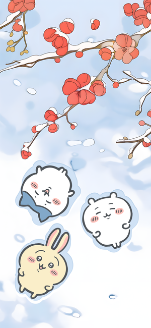 吉伊卡哇、小八、乌萨奇在雪中梅花枝下 - 手机壁纸