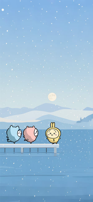 小八、飞鼠、乌萨奇在雪夜码头看月 - 手机背景