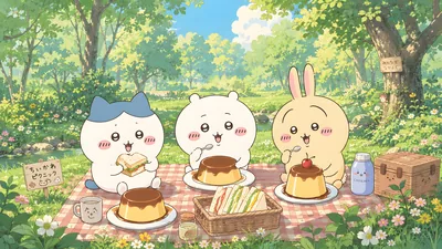 Chiikawa, Hachiware and Usagi picnic with pudding for PC 4K Image