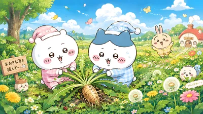 Chiikawa, Hachiware, and Usagi pulling a giant weed in a field for PC Wallpaper