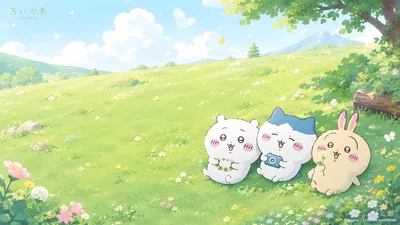Chiikawa, Hachiware, and Usagi relaxing on a sunny meadow for PC Wallpaper