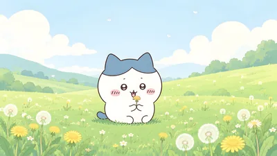 吉伊卡哇系列的小八在阳光明媚的草地上拿着蒲公英的可爱电脑壁纸