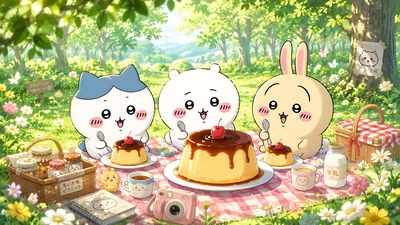 Chiikawa, Hachiware, and Usagi enjoying a pudding picnic for PC Wallpaper