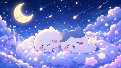 Cute Chiikawa and Hachiware sleeping on clouds under a starry sky for PC Wallpaper
