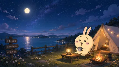 Usagi camping under a beautiful starry night sky for PC Wallpaper