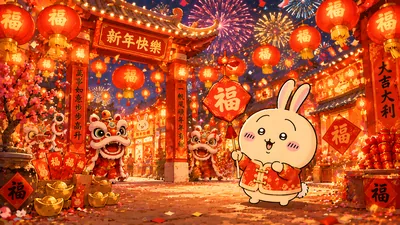 Usagi celebrating Chinese New Year with lanterns and fireworks for PC Wallpaper