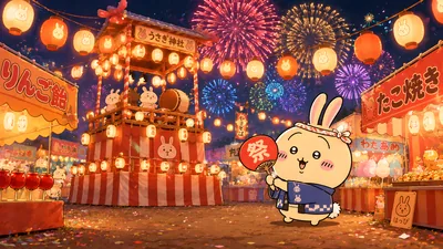 Usagi from Chiikawa at a Japanese summer festival for PC Wallpaper