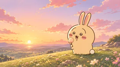Cute Usagi holding a dandelion on a sunset flower hill for PC Background