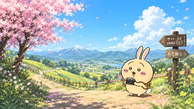Usagi holding a camera in a spring cherry blossom landscape for PC Wallpaper