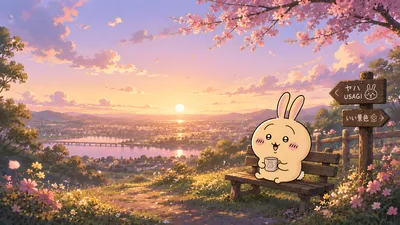 Usagi sitting on a bench enjoying the sunset and cherry blossoms for PC Wallpaper
