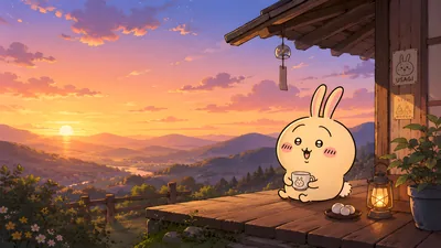 Usagi enjoying a sunset with a mug on a wooden porch for PC Wallpaper