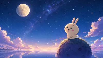 Usagi sitting on a small planet gazing at the starry night sky for PC Wallpaper