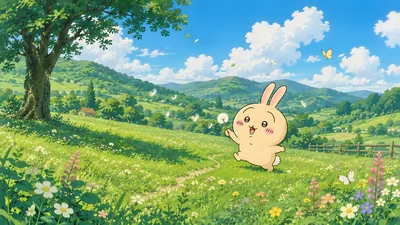 Usagi holding a dandelion in a lush green meadow for PC Wallpaper