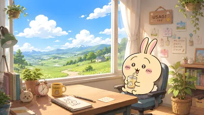 Usagi drinking juice in a sunny room with mountain view for PC Wallpaper