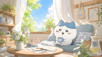 Hachiware relaxing on a cozy sofa in a sunny room for PC Background