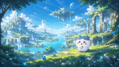 小八在唯美奇幻仙境與浮空島背景中拿著四葉草的治癒系電腦桌布