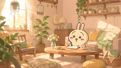 Cute Usagi writing in a cozy sunlit room for PC Wallpaper