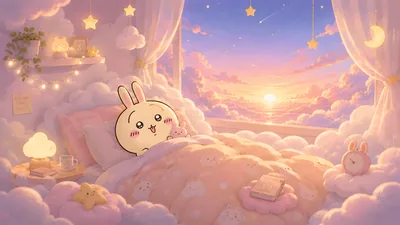 Cute Usagi relaxing in a cozy cloud bed with sunset view for PC Wallpaper