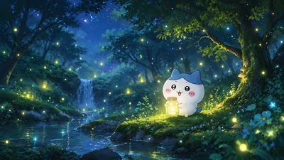 小八在繁星点点的梦幻森林中抱着发光萤火虫罐子的治愈系电脑高清壁纸