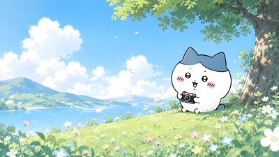 Cute Hachiware holding a camera on a sunny flower hill for PC 4K Image