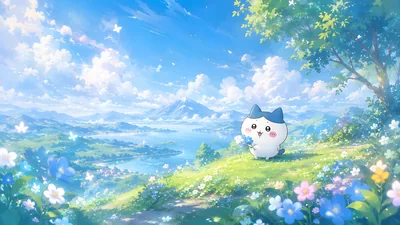 Hachiware holding flowers in a scenic mountain landscape for PC Wallpaper