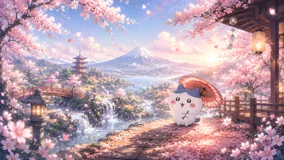 Hachiware with a red umbrella and cherry blossoms for PC Wallpaper