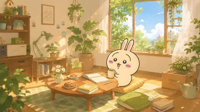 Cute Usagi from Chiikawa relaxing in a sunlit cozy room for PC 4K Image