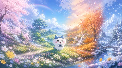 Hachiware with a camera in a magical four-seasons landscape for PC Background