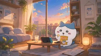 Hachiware eating snacks and playing games in a cozy room for PC Wallpaper