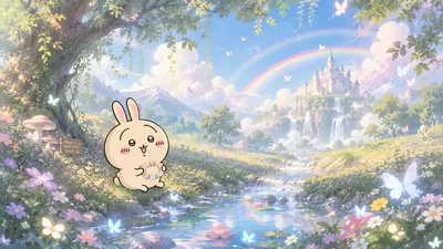 Usagi holding a flower wreath in a fantasy castle landscape for PC Wallpaper