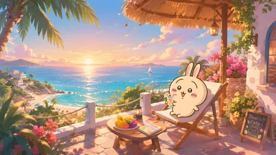 Usagi relaxing at a tropical sunset beach cafe for PC 4K Image