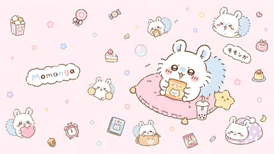 Adorable Momonga eating snacks and relaxing for PC Wallpaper