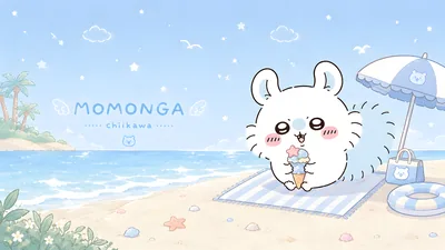 Momonga from Chiikawa eating ice cream on a sunny beach for PC Background